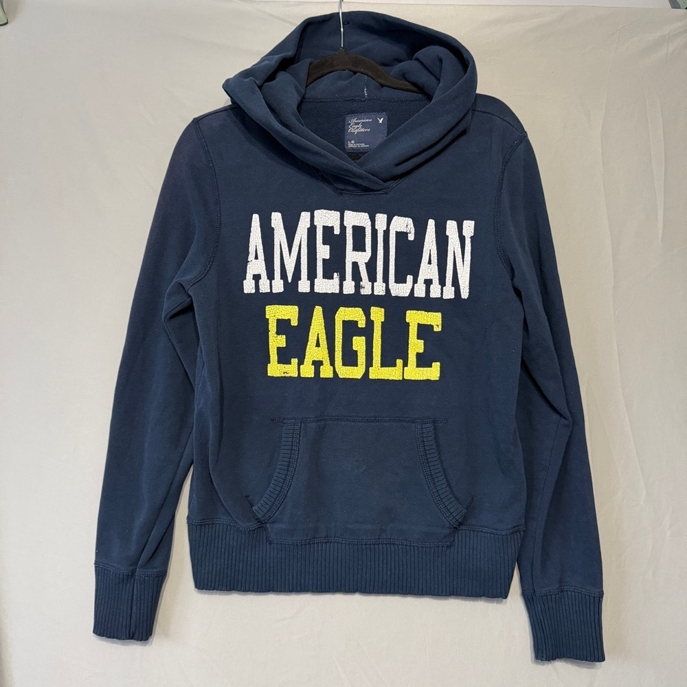 American Eagle Womens Y2K Script Pullover Hoodie Size Large Navy Spellout Comfy